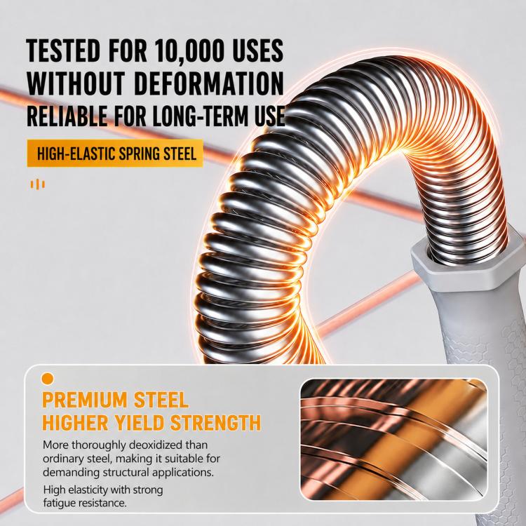 Spring coil loop and grey base housing of an arm exerciser with orange accents