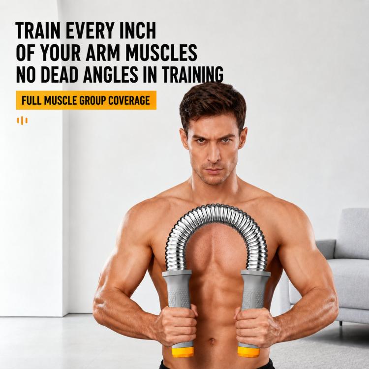 Arm strength trainer showing spring arm exerciser held in hands with orange-capped grips