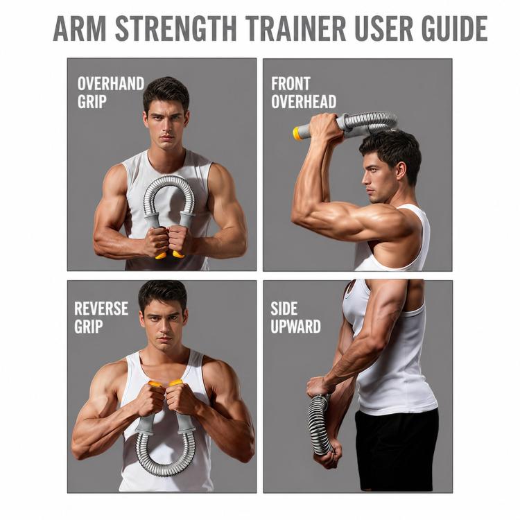 Arm strength trainer with spring arm exerciser in four grip positions, grey handles and coil