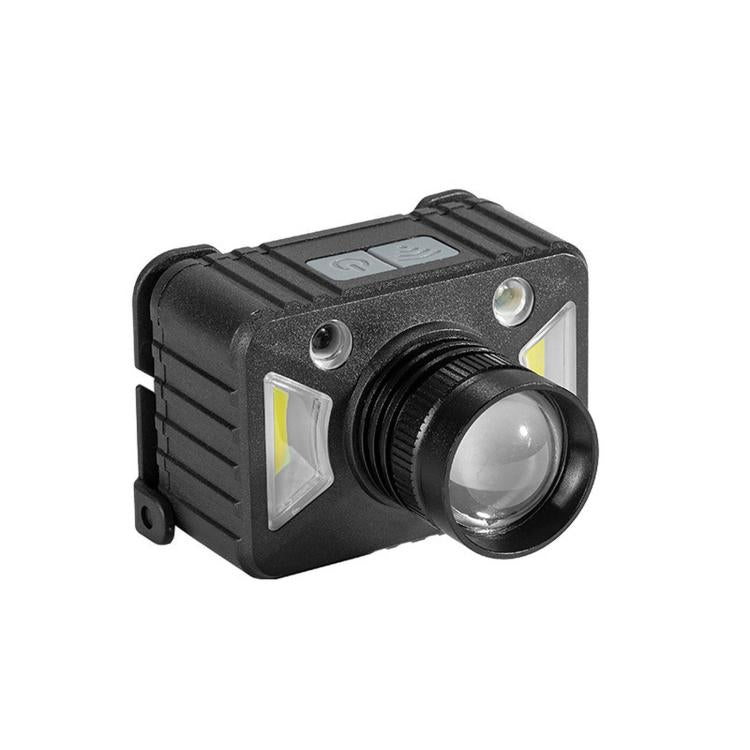 Black LED headlamp with zoomable lens and two side light modules