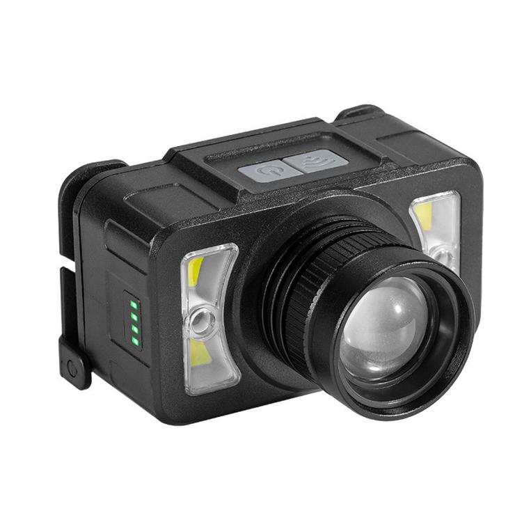 Black LED headlamp with central zoom lens, side LEDs, and top button panel