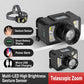 Black LED headlamp worn on forehead with side LEDs and status display