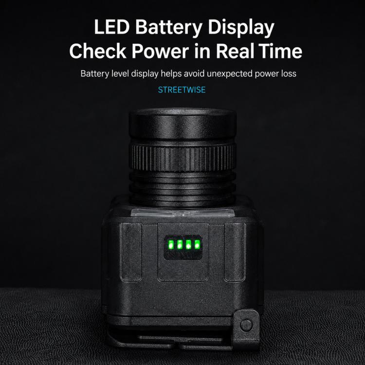 Black LED headlamp with glowing battery level display panel on the front