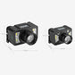 Black LED headlamp shown from two angles with size dimensions
