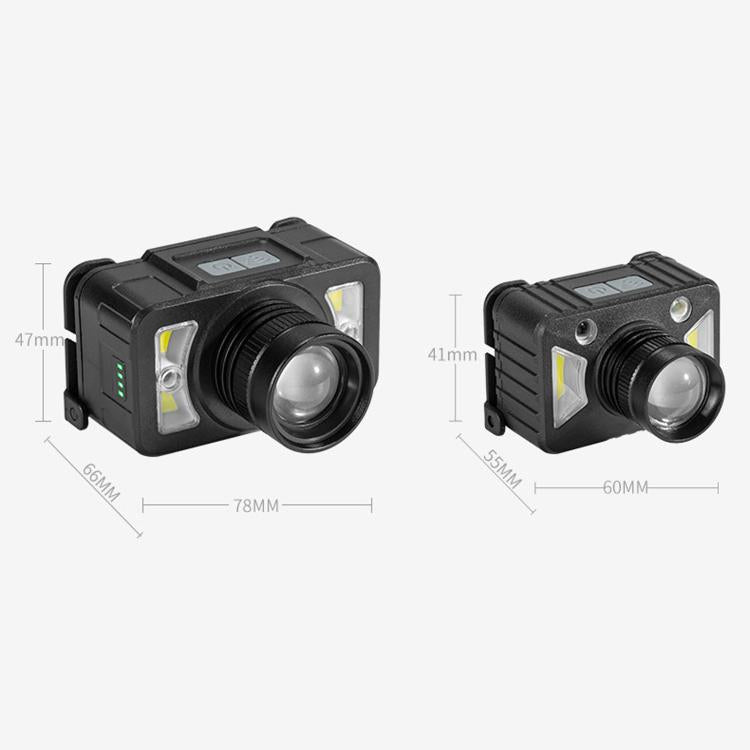 Black LED headlamp shown from two angles with size dimensions