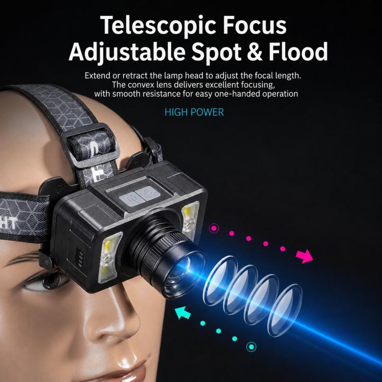 Black LED headlamp worn on head with focused zoom lens projecting light