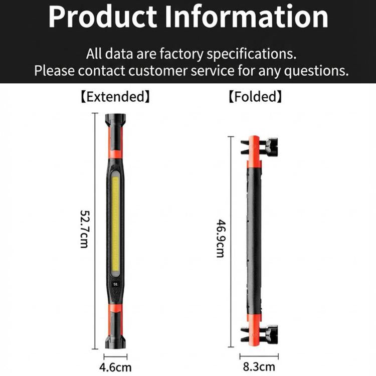 Foldable LED inspection light showing extended and folded size measurements