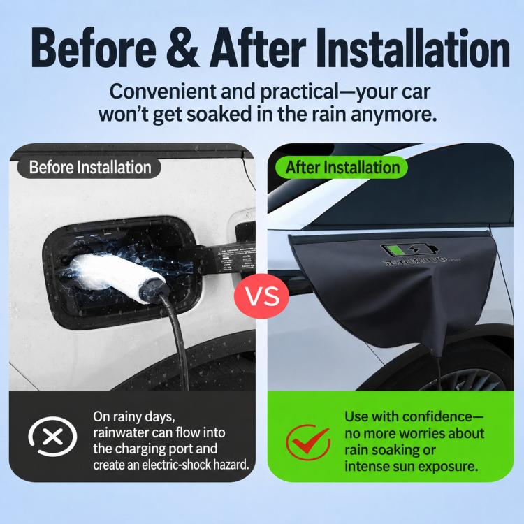 Black charging port rain cover reduces soaking compared to uncovered port