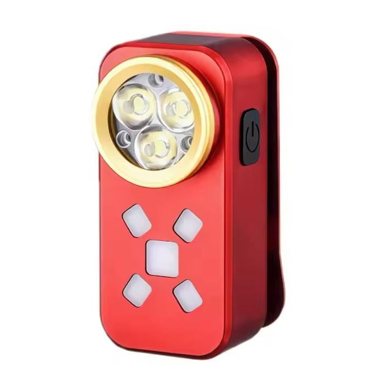 Red clip-on LED work light with four-point pattern and round headlamp bezel
