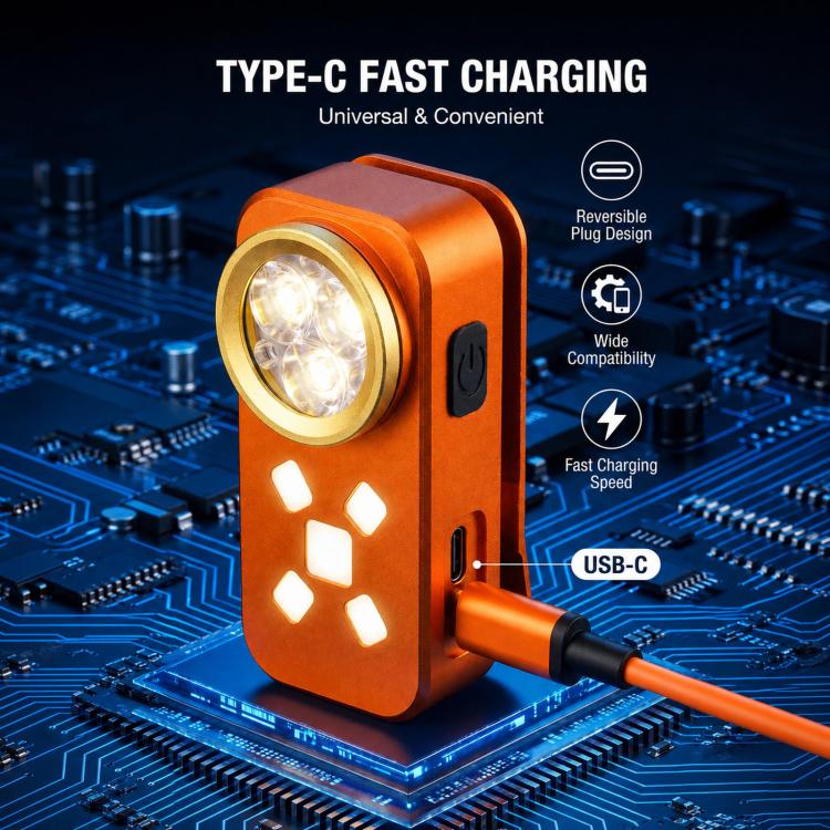 Orange rechargeable LED work light with Type-C charging cable connected