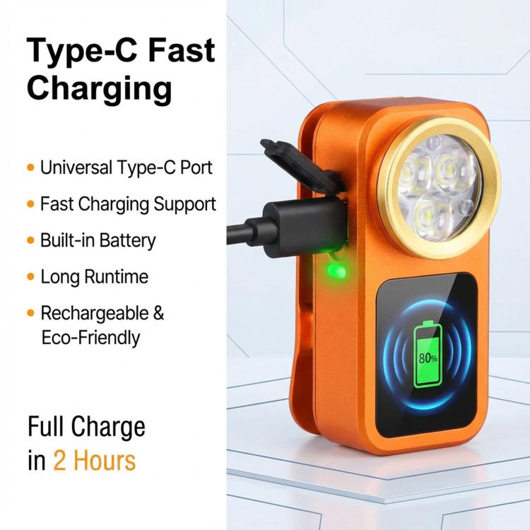 Orange clip-on work light with round LED head and charging indicator display