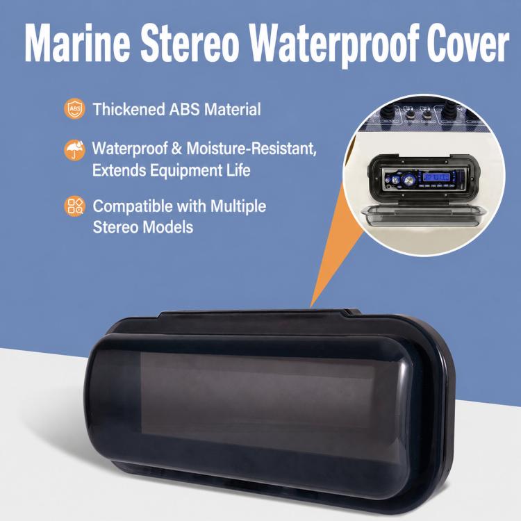 Black marine stereo waterproof cover with tinted front window, flip-up design