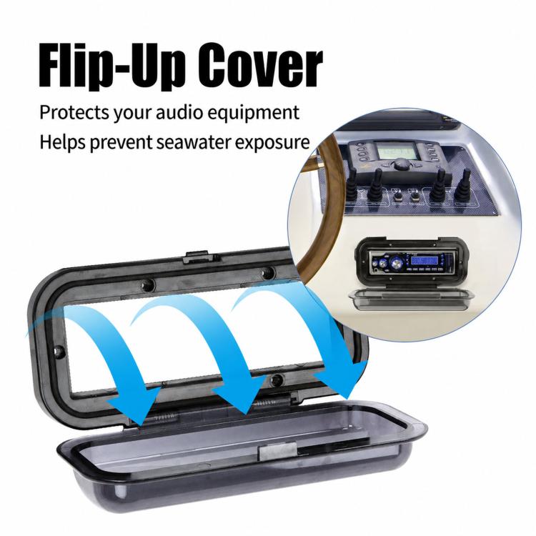 Flip-up waterproof marine audio cover with open lid for speaker unit access