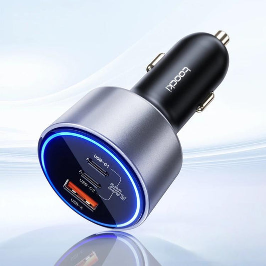 Toocki 200W Fast Car Charger 3-Port Dual 100W USB-C & 18W USB-A PD Adapter with LED Ring Light, SD-033-9