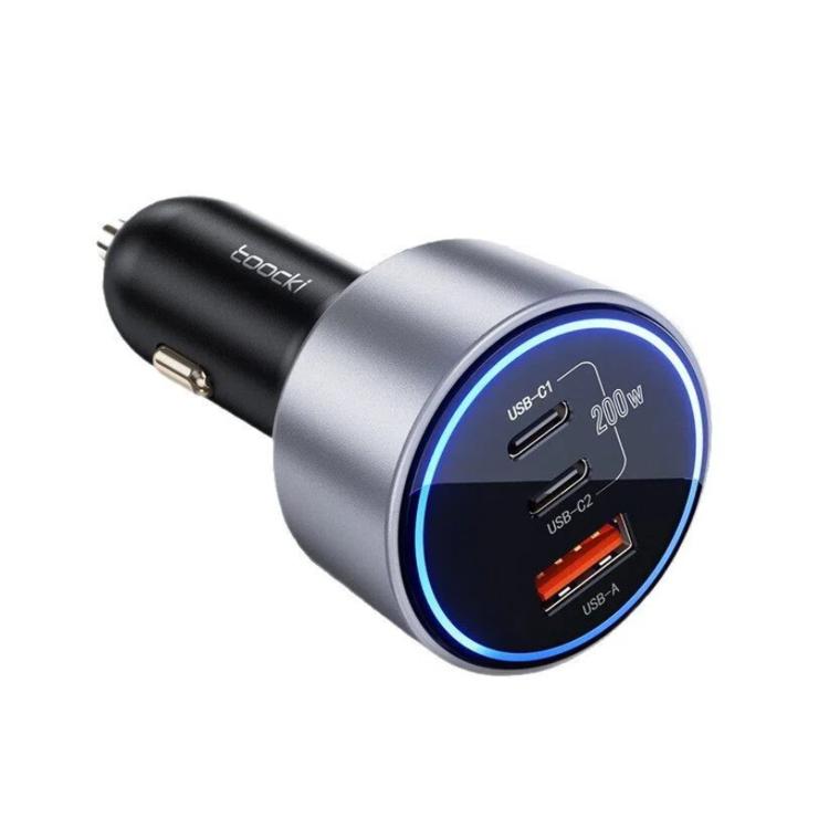 Toocki 3-port car charger with blue LED ring, USB-C1, USB-C2, and USB-A ports