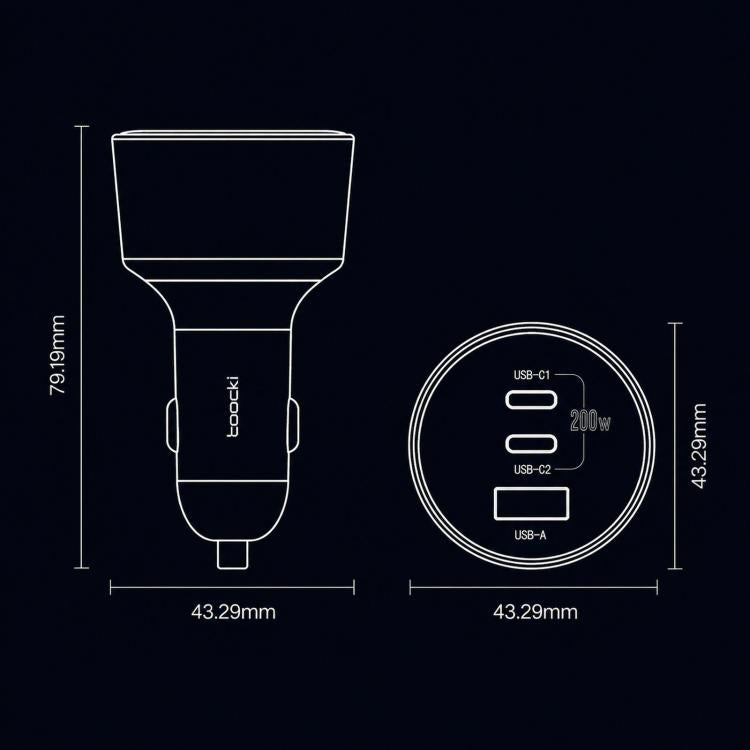Car charger size diagram with USB-C and USB-A ports, 200W label