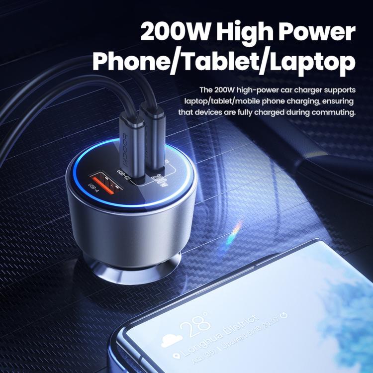 Three-port car charger with blue LED ring, USB-C1, USB-C2, and USB-A outputs
