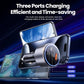 Three-port car charger with blue LED ring and ports: USB-C1, USB-C2, USB-A