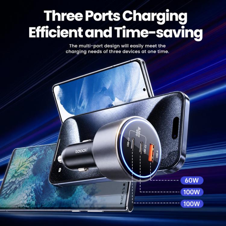 Three-port car charger with blue LED ring and ports: USB-C1, USB-C2, USB-A