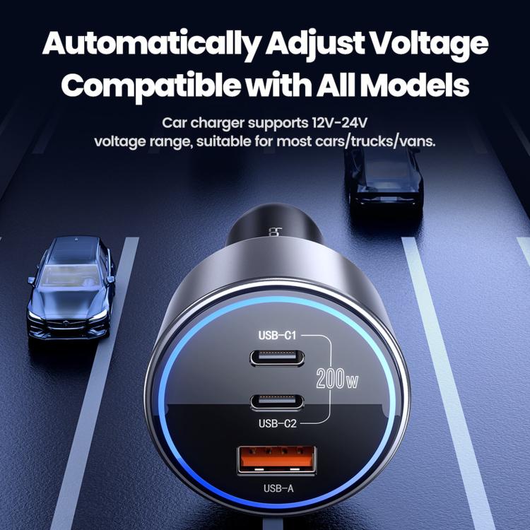 Car charger with blue LED ring and 3 ports: USB-C1, USB-C2, and USB-A