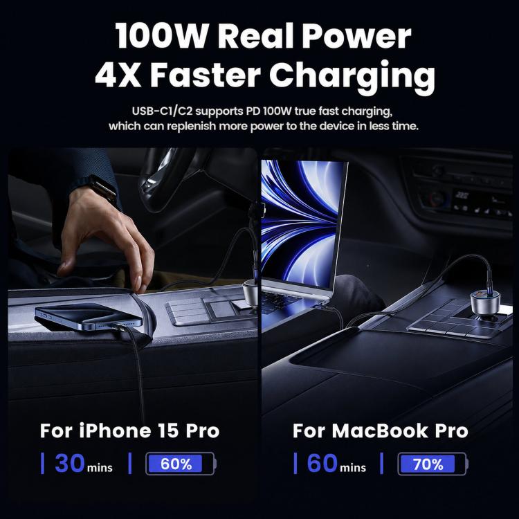 Compact car charger with blue LED ring and three outputs: USB-C1/C2 and USB-A