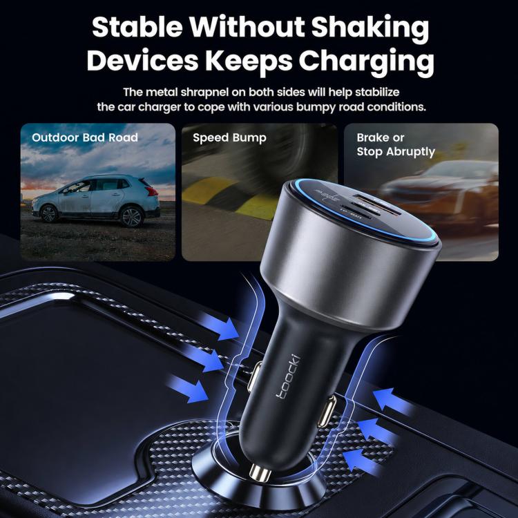Car charger with metal plug prongs, blue LED ring, and three ports: USB-C1/C2, USB-A