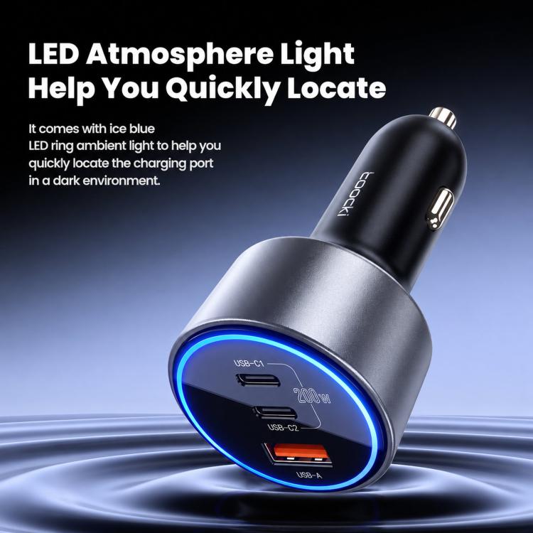 Toocki car charger with blue LED ring and ports: USB-C1, USB-C2, USB-A