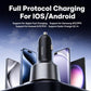 Car charger with blue LED ring and three ports: USB-C1, USB-C2, USB-A