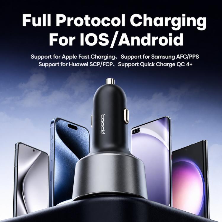 Car charger with blue LED ring and three ports: USB-C1, USB-C2, USB-A