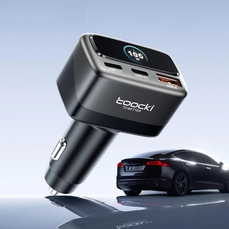 Black 3-port car charger with USB-C, USB-A, blue LCD power display, 105W