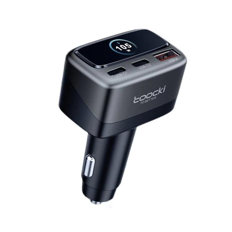 Black 3-port car charger with blue LCD and three output ports on the top face