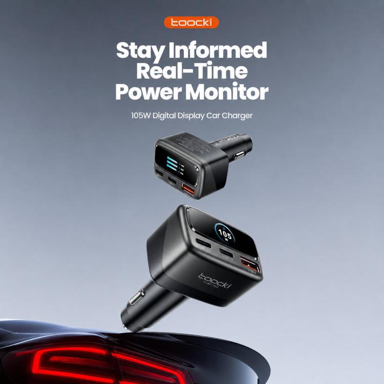 3-port car charger with blue 105W LCD display and multiple charging ports
