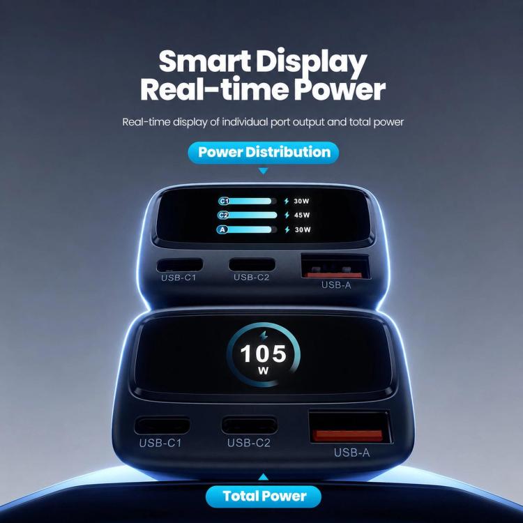 Black car charger with LCD power distribution screen and three charging ports
