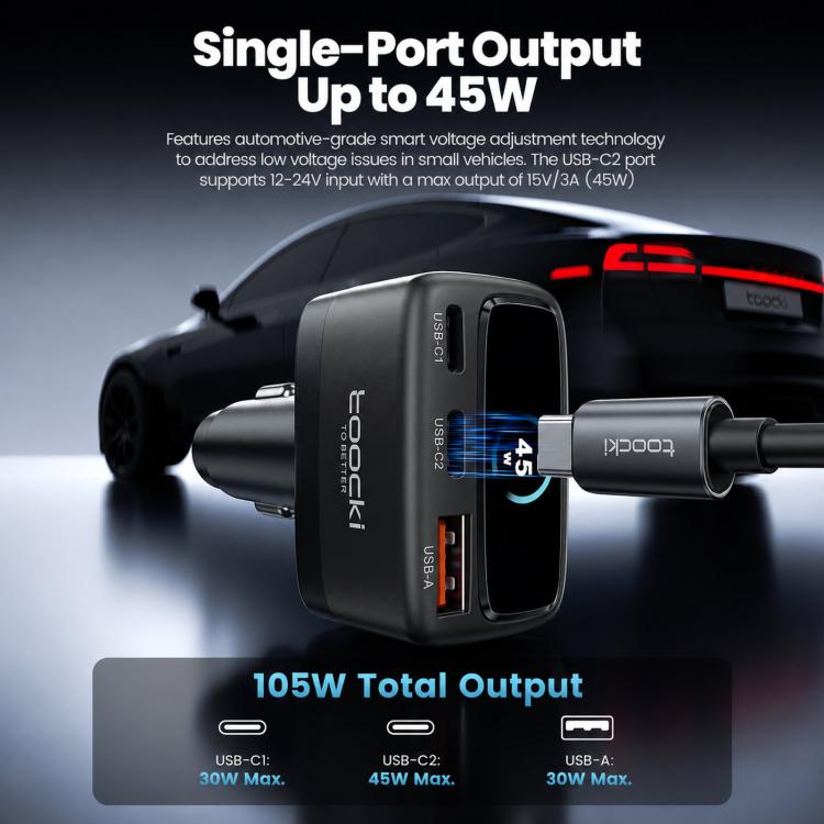 Black 3-port car charger with integrated ports and blue 105W power display