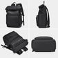 Black laptop backpack shown from multiple angles, with side and front zippers