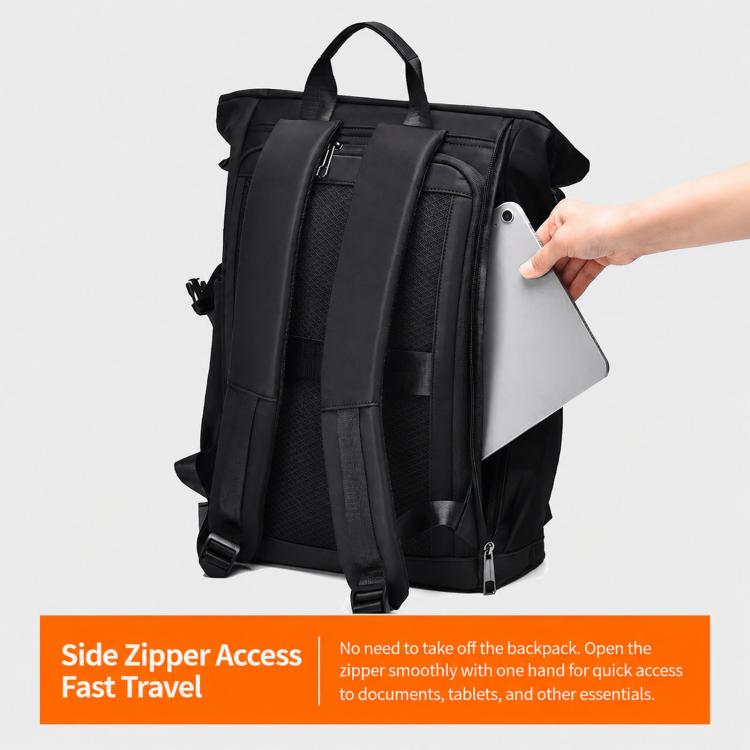 Black laptop backpack back panel with padded straps and luggage handle area