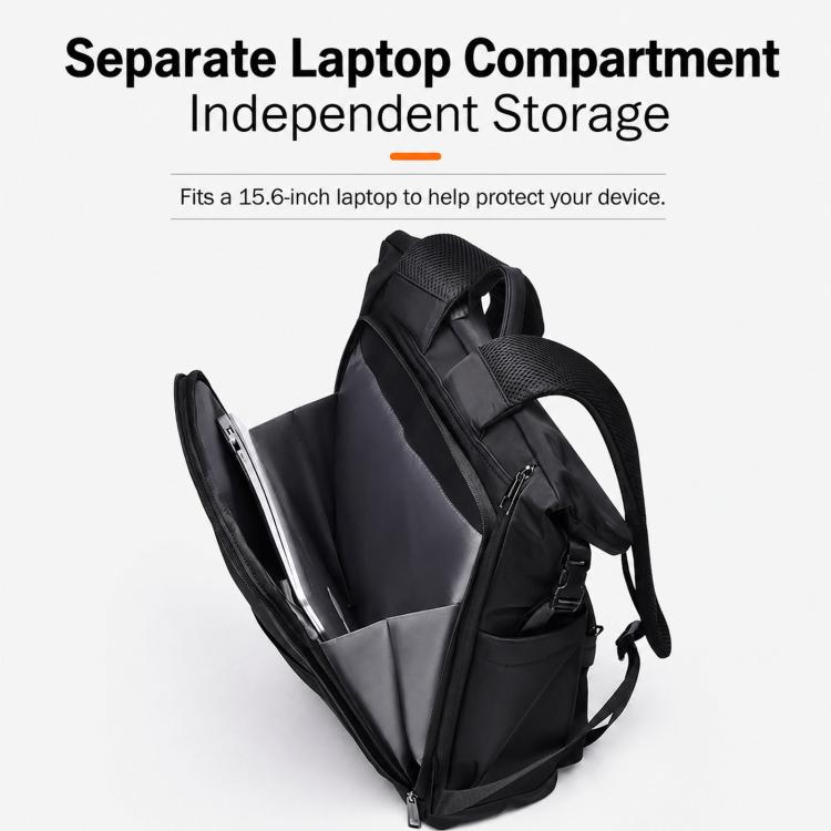Black backpack with separate laptop compartment, shown at an angle