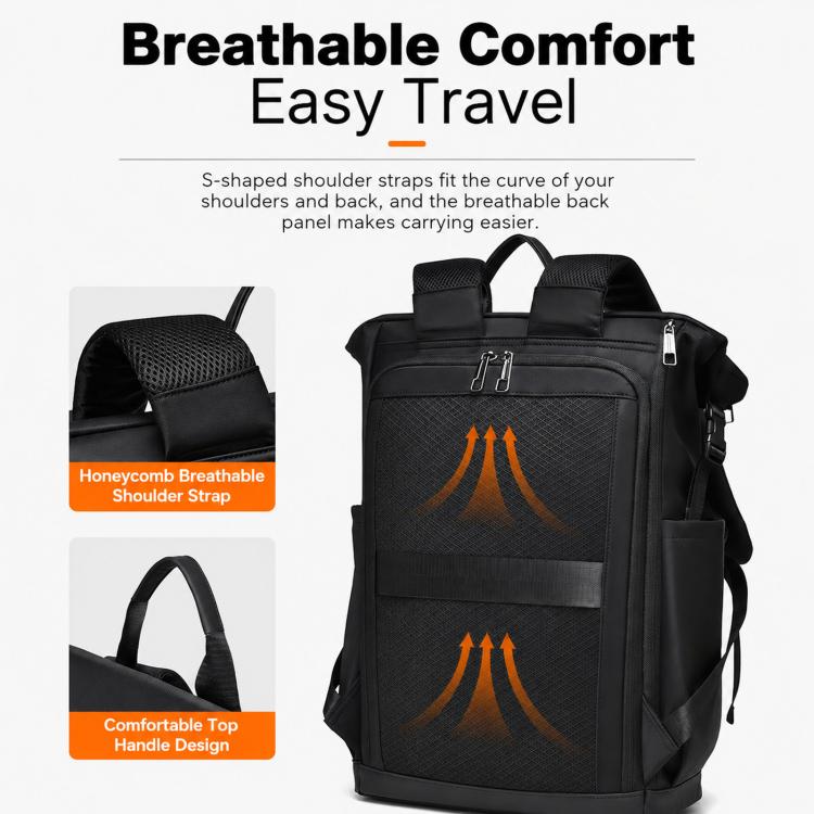 Black backpack with padded shoulder straps and front zip pocket