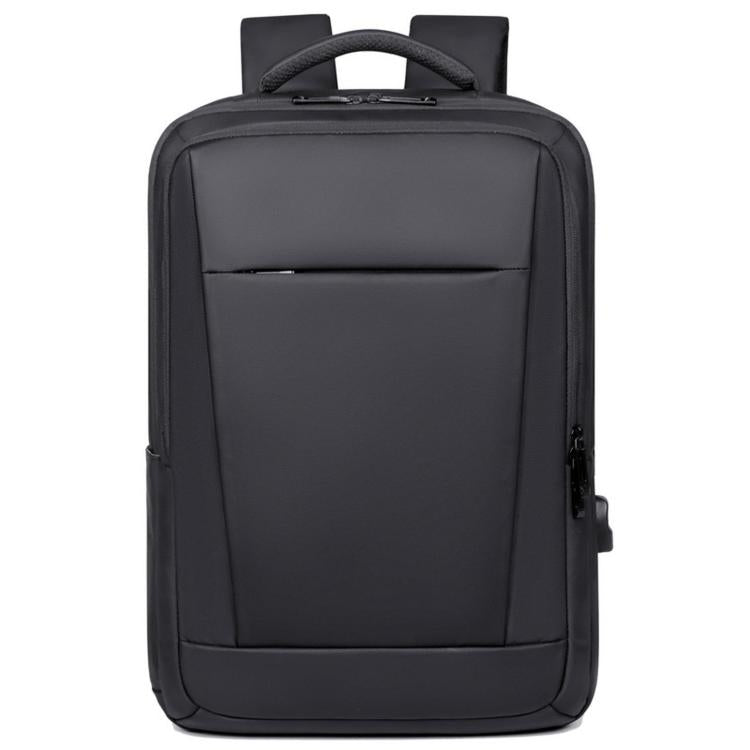 Black laptop backpack with top handle, front zip pocket, and padded back panel