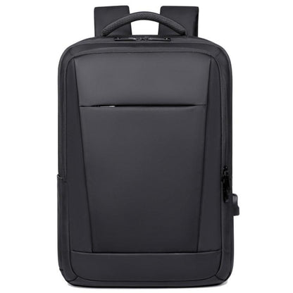 Black laptop backpack with top handle, front zip pocket, and padded back panel