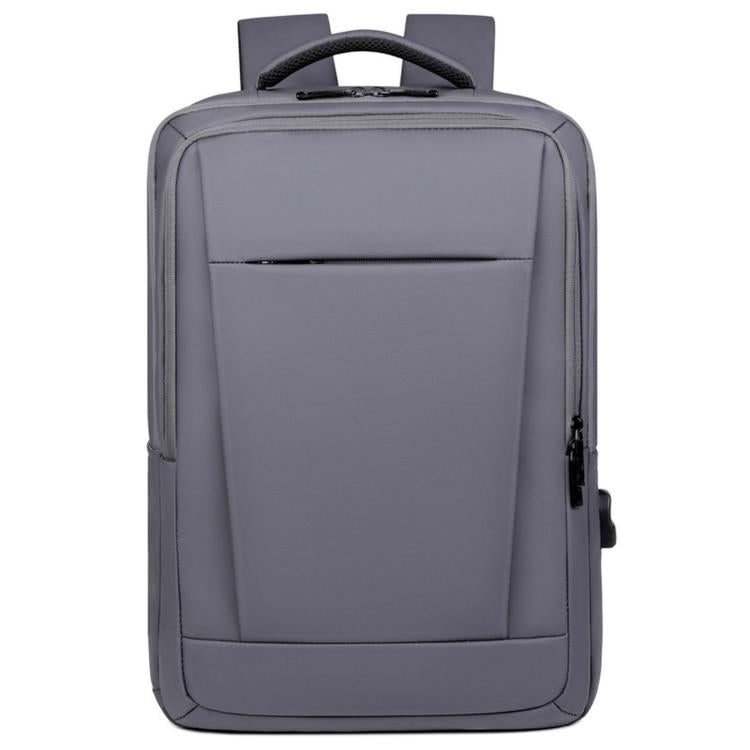 Gray laptop backpack with top handle, front zip pocket, and padded back panel