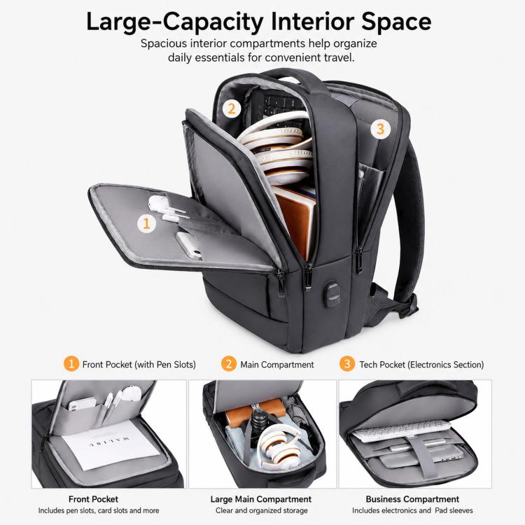 Black laptop backpack open interior with front pocket and main compartment