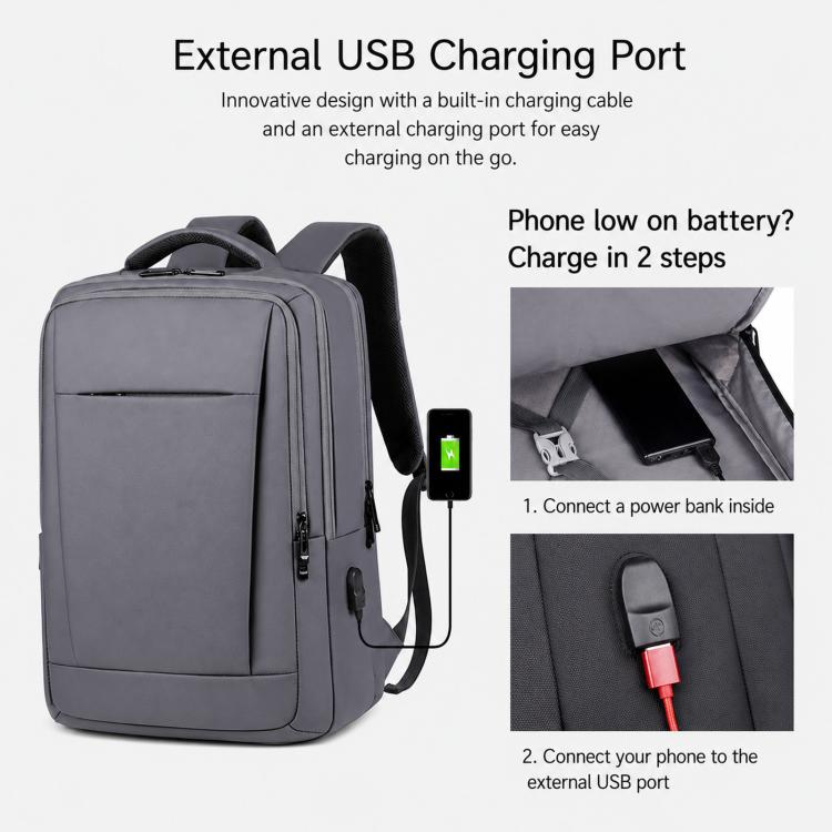 Gray laptop backpack with external USB charging port and attached charging cable