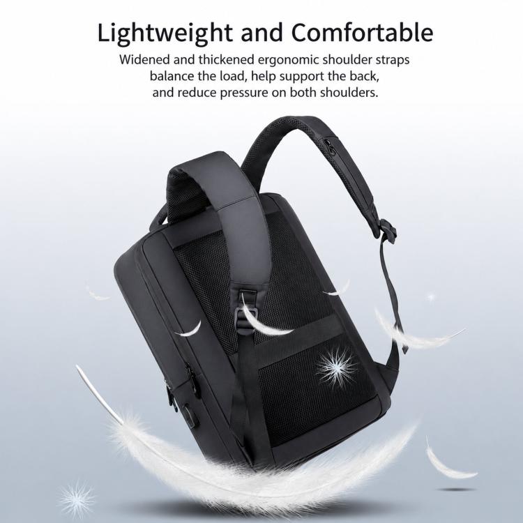 Black laptop backpack with padded shoulder straps and ergonomic back support
