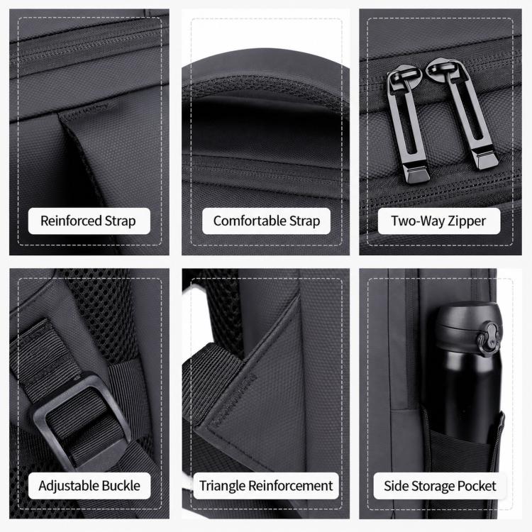 Laptop backpack detail: reinforced straps, two-way zipper, adjustable buckle, side pocket