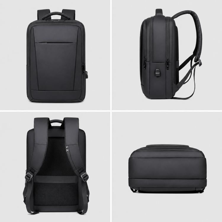 Black laptop backpack with front pocket, padded shoulder straps, top handle