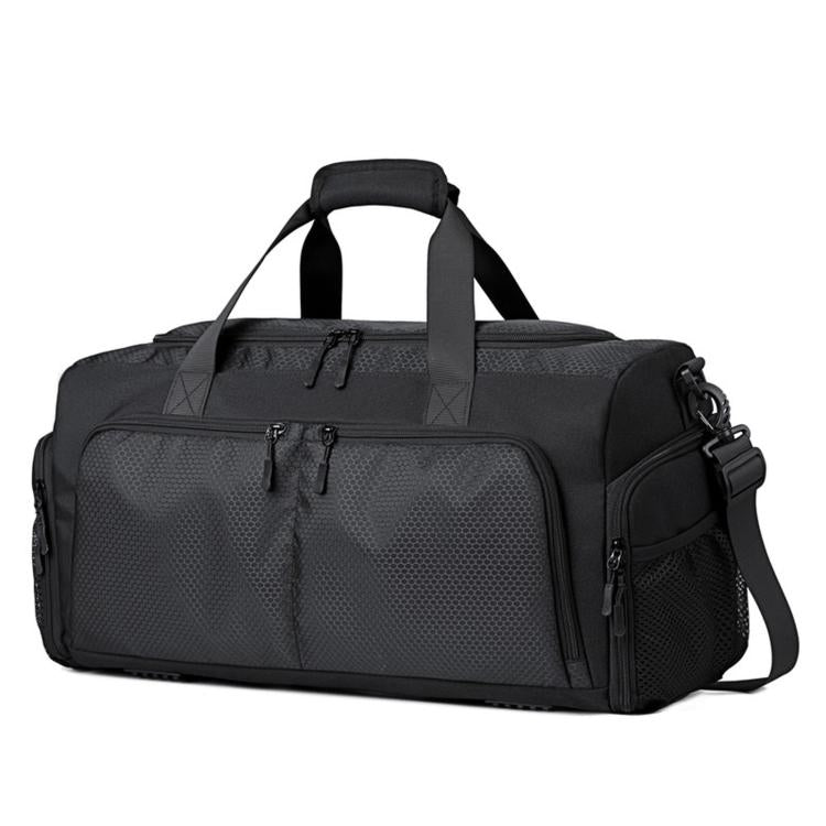 Black waterproof sports duffel bag with top handles, shoulder strap, and zip front pocket