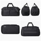 Black sports gym duffel bag shown from front, side, back, and angled views with straps