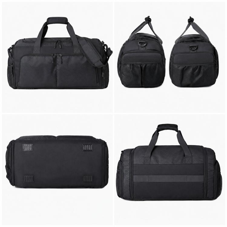 Black sports gym duffel bag shown from front, side, back, and angled views with straps