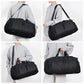 Black sports duffel bag with padded shoulder strap and zippered front pockets